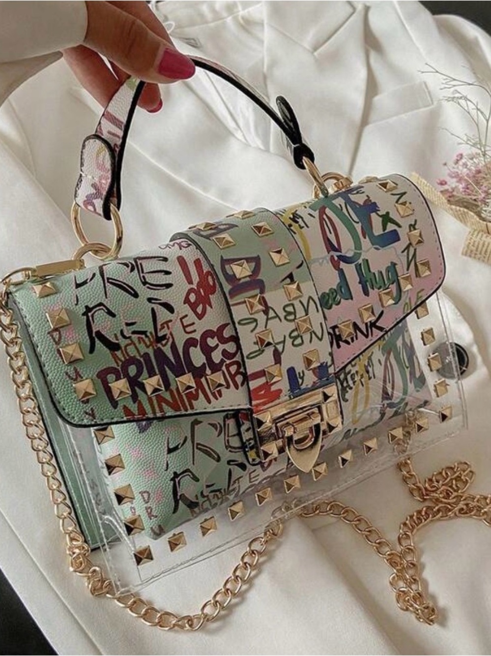 Pastel Multi Graffiti Studded Crossbody Bag with Chain Strap - Picture 6 of 7
